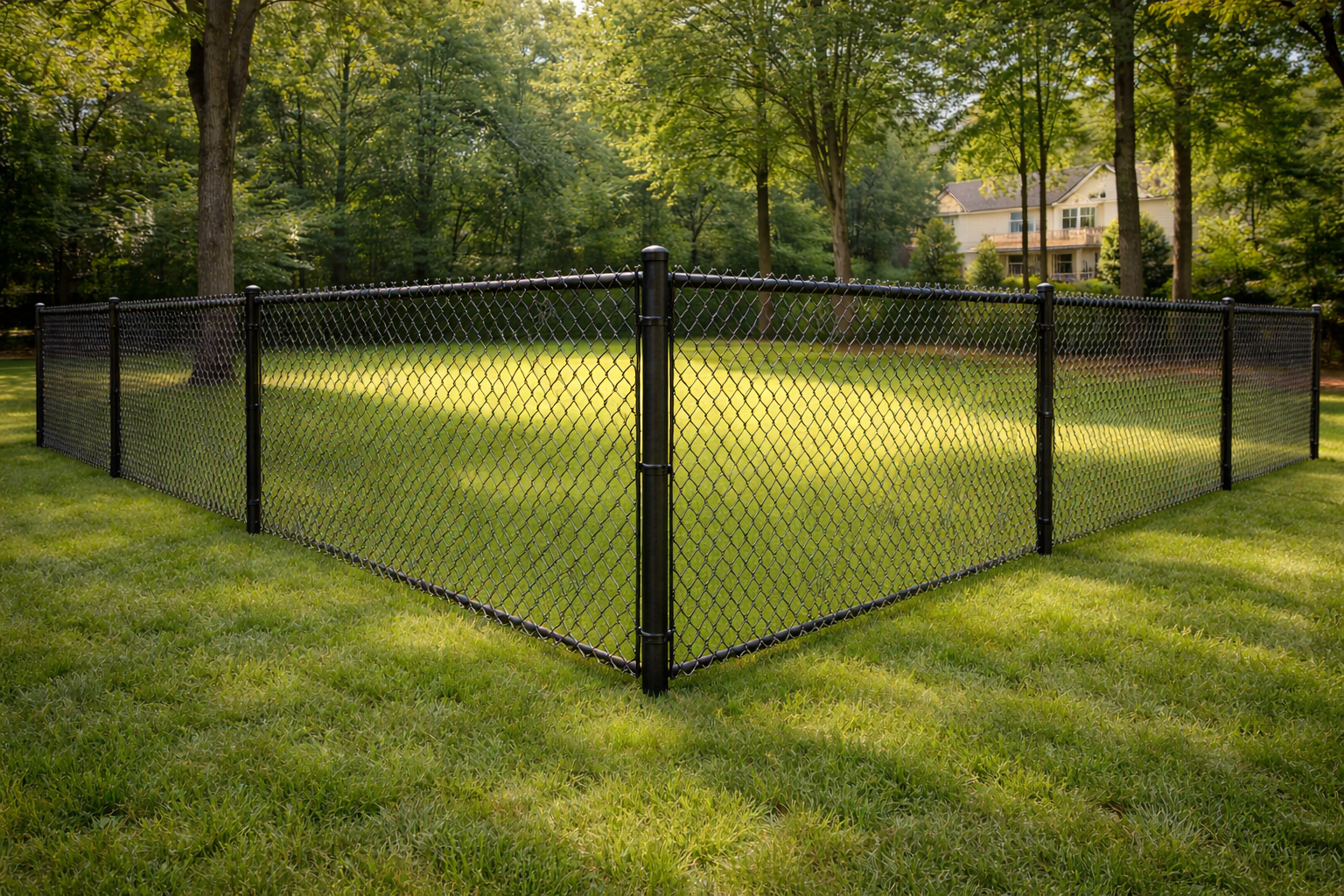 Black chain link fence with privacy options for Emerson GA side and rear yard runs