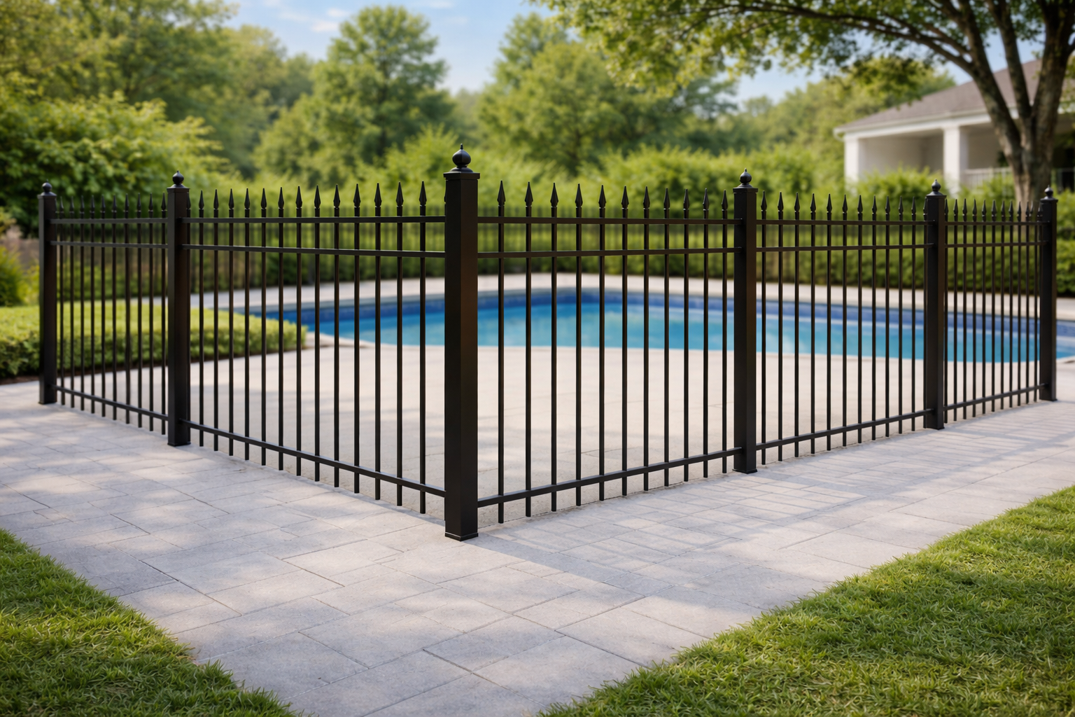 Black ornamental aluminum fence for pools and front-facing sections in Acworth, Georgia