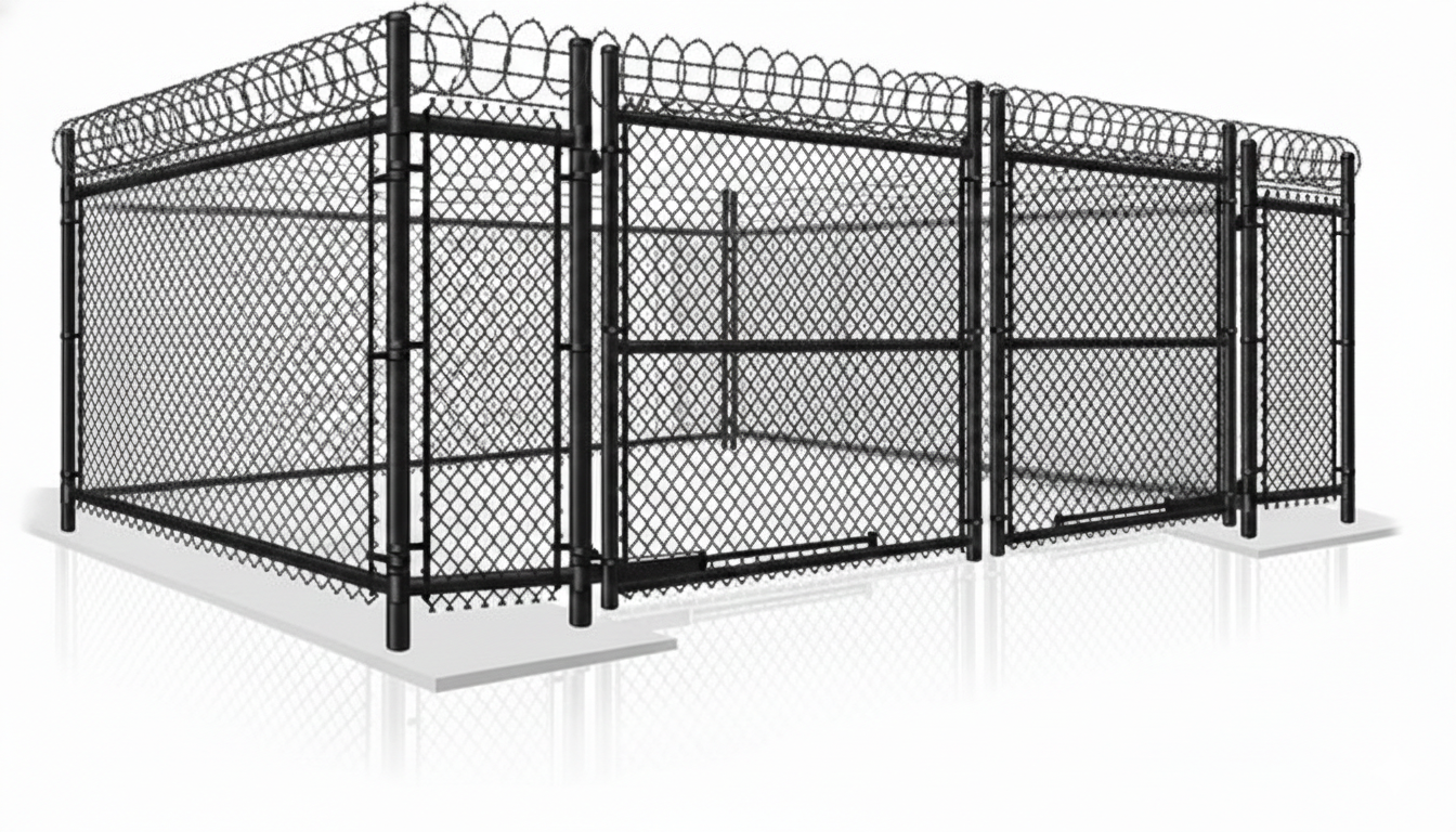 Commercial chain link security gate with barbed wire installation company in the Canton Georgia area.